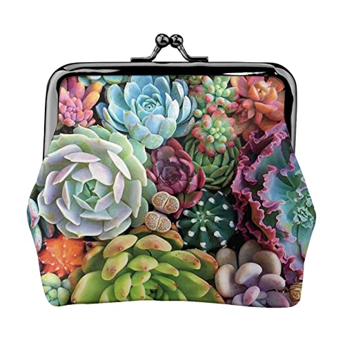 Süße Sukkulenten voll doppelseitig bedrucktes Muster Damen und Mädchen Mode Leder Kiss Lock Münzbörse Kartentasche, Schwarz , Einheitsgröße, Kartenhalter von GTGHYLHA
