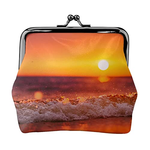 Sunset with Sea Waves Full Double-Sided Printed Pattern Women and Girls Fashion Leather Kiss Lock Coin Purse Card Bag, Schwarz , Einheitsgröße, Kartenhalter von GTGHYLHA