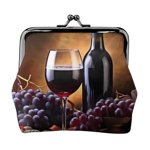 Traubenwein doppelseitig bedrucktes Muster Damen und Mädchen Mode Leder Kiss Lock Münzbörse Kartentasche, Schwarz , Einheitsgröße, Kartenhalter von GTGHYLHA