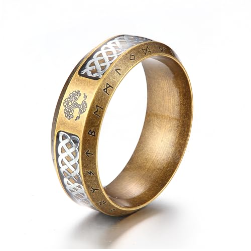 GTHIC 8 mm Edelstahl Baum des Lebens Wikinger-Bandring für Männer und Frauen, keltischer Knoten, goldfarbener Yggdrasil-Amulett-Ring, Vintage-Unisex-Wikinger-Schmuck, US-Größe 10-A von GTHIC