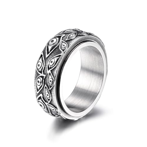 GTHIC Böser Blick Edelstahl Spinner Ring Auge der Vorsehung Allsehendes Auge Ring für Männer Frauen Vintage drehbarer Reliefring Angstschmuck Geschenke Größe 9 Silber von GTHIC