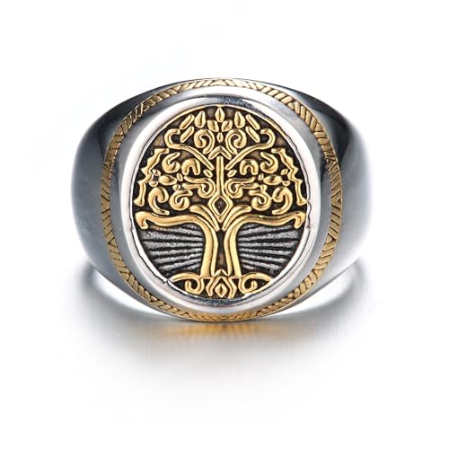 GTHIC Edelstahl Baum des Lebens Wikinger Siegelring für Männer und Frauen Goldton Vintage Weltenbaum Yggdrasil Amulett Ring Rund Unisex Wikinger Schmuck US Größe 10 von GTHIC