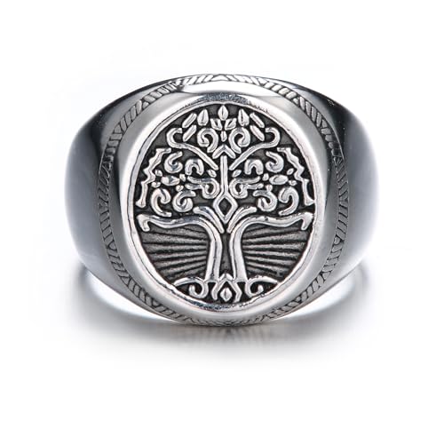 GTHIC Edelstahl Baum des Lebens Wikinger Siegelring für Männer und Frauen Silber Vintage Weltenbaum Yggdrasil Amulett Ring Rund Unisex Wikinger Schmuck US Größe 10 von GTHIC