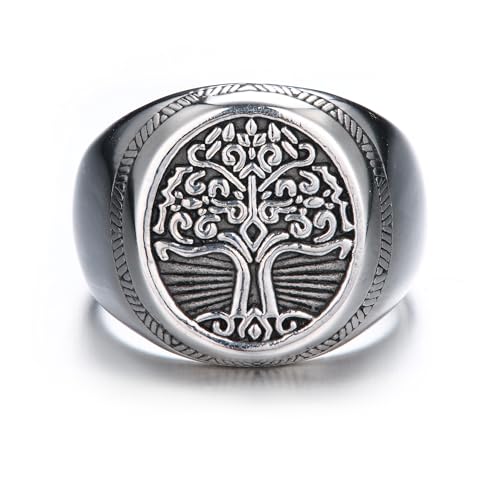 GTHIC Edelstahl Baum des Lebens Wikinger Siegelring für Männer und Frauen Silber Vintage Weltenbaum Yggdrasil Amulett Ring Rund Unisex Wikinger Schmuck US Größe 14 von GTHIC