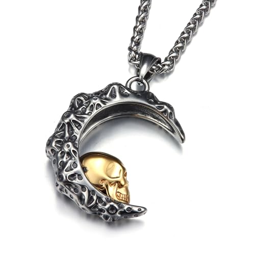 GTHIC Edelstahl-Retro-Mondsichel-Totenkopf-Gothic-Anhänger für Damen und Herren zum täglichen Tragen, Vintage-Biker-Halskette in Gold mit 60 cm langer Kette von GTHIC