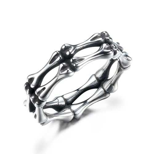 GTHIC Edelstahl-Schädelringe für Damen und Herren, Gothic-Punk-Knochen-Doppelschicht-Bandringe, Schmuck, Statement-Ring für Hochzeit, Verlobung, Geschenk, Größe 10 von GTHIC