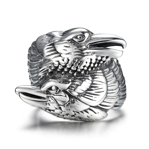 GTHIC Edelstahl Wikinger Doppelrabenkopf Ring für Männer Frauen Retro Punk Odins Krähen Amulett Tier Ringe Schmuck, Größe 10 von GTHIC