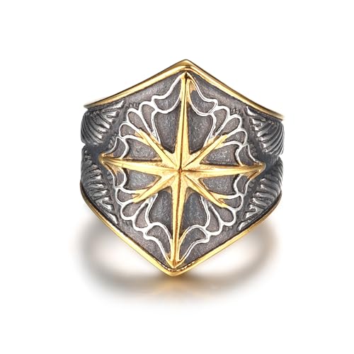 GTHIC Edelstahl-Wikinger-Oktett-Sternring für Männer und Frauen mit Federmuster, Vintage-Ring, goldfarben, Modeschmuck, Geburtstagsgeschenk, US-Größe 11 von GTHIC