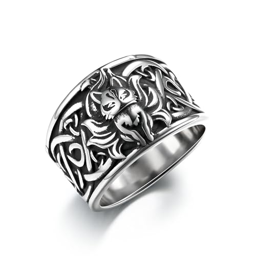 GTHIC Edelstahl-Wikinger-Ring mit keltischem Knoten für Männer und Frauen, Vintage-Stil, neunschwänziger Fuchs, Tierring, Schmuck, Geschenke, Größe 10 von GTHIC