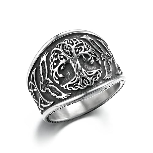 GTHIC Edelstahl-Wikinger-Ringe für Männer, Baum des Lebens, nordischer Rabe, keltischer Knoten-Ring für Frauen, Vintage-Amulett-Ring, Schmuck, Geschenk, Größe 7 von GTHIC