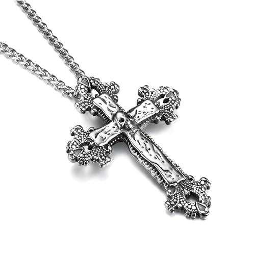 GTHIC Gothic Edelstahl Totenkopf knospenkreuz Anhänger Halsketten für Männer Frauen Vintage Schmuck Geschenk, 70 cm Silber Halskette von GTHIC