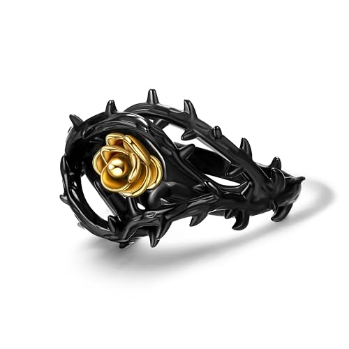 GTHIC Gothic Ringe Vintage Schwarz Ringe Dornen und Gelbgold Rose Blume Ringe Schmuck Grunge Custume Ästhetische Punk Statement Ringe Nicht Anlaufen Edelstahl Goth Ringe für Frauen Männer Größe 10 von GTHIC