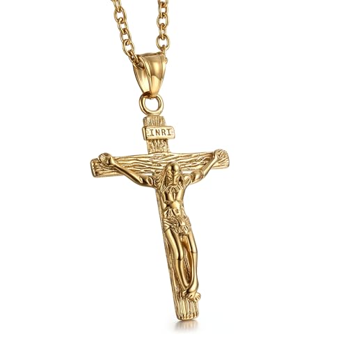 GTHIC Herren Edelstahl Jesus Christus Kruzifix Anhänger Halsketten Religion Schmuck Geschenk, 60 cm Gold Halskette von GTHIC