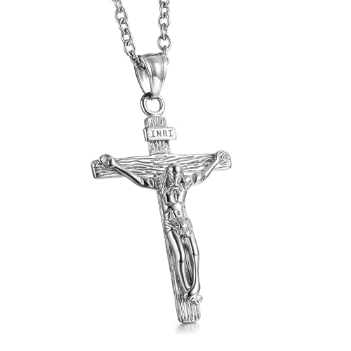 GTHIC Herren Edelstahl Jesus Christus Kruzifix Anhänger Halsketten Religion Schmuck Geschenk, 70 cm Silber Halskette von GTHIC