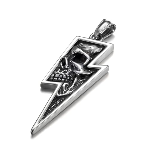 GTHIC Herren Edelstahl Retro Totenkopf Anhänger Halsketten Lightning Bolt Biker Schmuck, Silber Anhänger von GTHIC