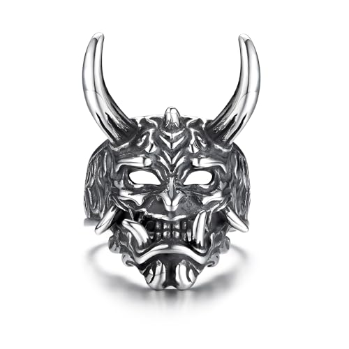 GTHIC Herren Edelstahl japanische Oni-Maske Totenkopfringe Vintage Hannya Halbmaske Schmuck Größe 12 von GTHIC