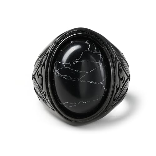 GTHIC Ring aus künstlichem schwarzen Stein aus Edelstahl mit Blumenmuster, Flügelrelief, einzigartiges Accessoire für den täglichen Gebrauch, Unisex-Gothic-Schmuck, Größe 13 von GTHIC