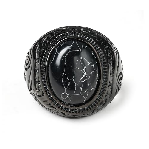 GTHIC Ring aus künstlichem schwarzen Stein aus Edelstahl mit Blumenmuster, Flügelrelief, einzigartiges Accessoire für den täglichen Gebrauch, Unisex-Gothic-Schmuck, US-Größe 11 von GTHIC