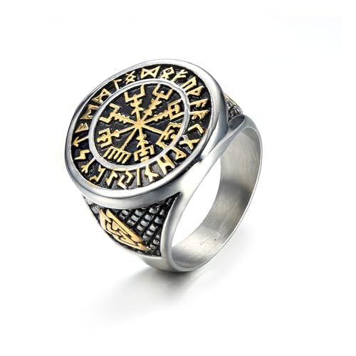 GTHIC Valknut-Ring für Männer, Wikinger-Kompass-Ring, Vintage-nordischer Schmuck, Schutzring für Männer, Schmuck, Geschenk, Silber, Gold, Größe 11 von GTHIC