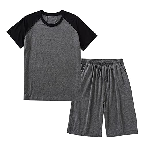 GTHTTT Herren Anzug Kurz Zweiteiliger Schlafanzug Schlafshirt mit Rundhals und Schlafhose Sleepwear Kurzarm Loungewear Mit Taschen,Schwarz,4XL von GTHTTT