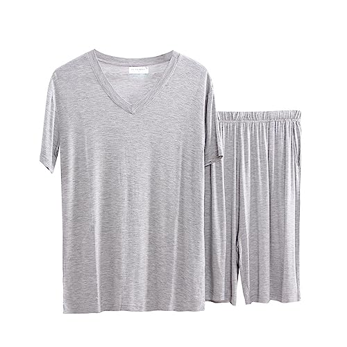 Herren Anzug Kurz Zweiteiliger Schlafanzug Kurzarm Shirt und Pyjamahose Einfarbiger Sleepwear Loungewear Freizeitanzug Home Kleidung,Grey v Neck,4XL von GTHTTT