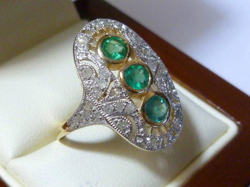 Art Deco Smaragd Ring Mit Diamanten, 9Ct 9K Gelb Weiß Gold Vintage, Antik Diamant Ring, Auch Avail 10K 14K 18K, R309A Custom von GTJewellers