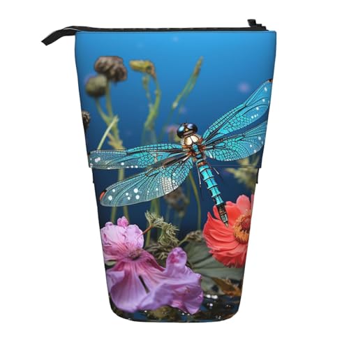 GTKSYNVE Stehendes Federmäppchen, Libelle und Blume, Teleskop-Bleistifthalter, niedliche Make-up-Kosmetiktasche mit Reißverschluss, ästhetische Bleistifttaschen für Weihnachten, Urlaub, Neujahr von GTKSYNVE