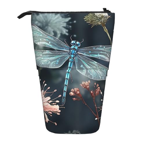 GTKSYNVE Stehendes Federmäppchen, Libellen-Blume, Teleskop-Bleistifthalter, niedliche Make-up-Kosmetiktasche mit Reißverschluss, ästhetische Bleistifttaschen für Weihnachten, Urlaub, Neujahr von GTKSYNVE