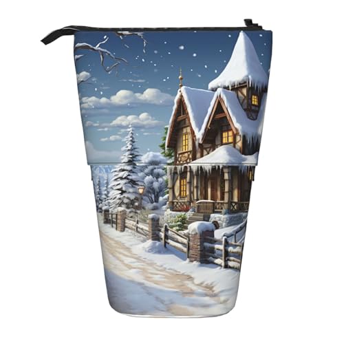 GTKSYNVE Stehendes Federmäppchen, Weihnachten, Winter, fröhliche Szene, Teleskop-Bleistifthalter, niedliche Make-up-Kosmetiktasche mit Reißverschluss, ästhetische Bleistifttaschen für Weihnachten von GTKSYNVE