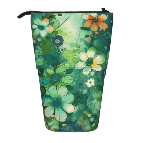 GTKSYNVE Stehendes Federmäppchen, abstraktes saisonales grünes Blumenmuster, Teleskop-Bleistifthalter, niedliche Make-up-Kosmetiktasche mit Reißverschluss, ästhetische Bleistifttaschen für Weihnachten von GTKSYNVE