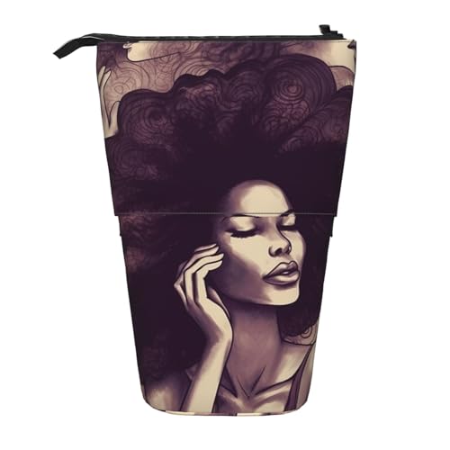 GTKSYNVE Stehendes Federmäppchen, afrikanisches Haar, schwarz, Teleskop-Bleistifthalter, niedliche Make-up-Kosmetiktasche mit Reißverschluss, ästhetische Bleistifttaschen für Weihnachten, Urlaub von GTKSYNVE