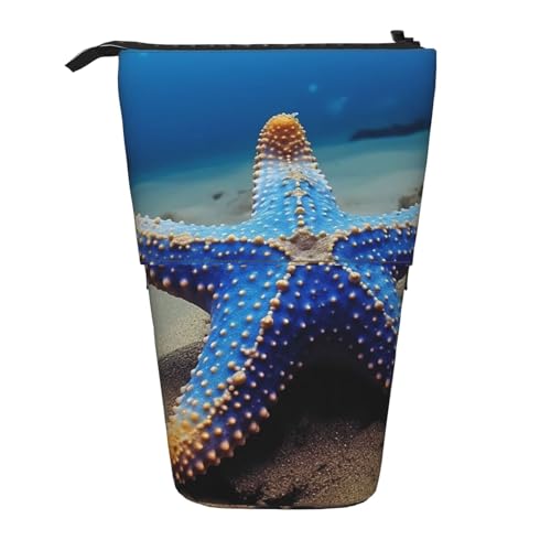GTKSYNVE Stehendes Federmäppchen, blauer Seestern, Teleskop-Bleistifthalter, niedliche Make-up-Kosmetiktasche mit Reißverschluss, ästhetische Bleistifttaschen für Weihnachten, Urlaub, Neujahr von GTKSYNVE