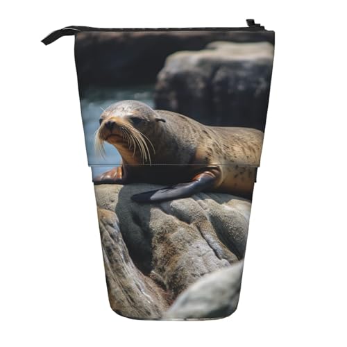GTKSYNVE Stehendes Federmäppchen, braunes Siegel auf dem Felsen, Teleskop-Bleistifthalter, niedliche Make-up-Kosmetiktasche mit Reißverschluss, ästhetische Bleistifttaschen für Weihnachten, Urlaub von GTKSYNVE