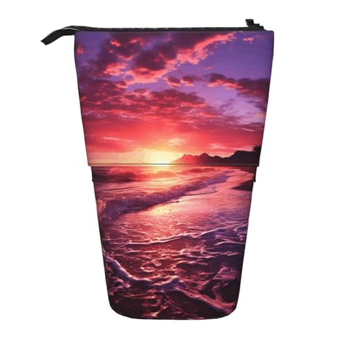 GTKSYNVE Stehendes Federmäppchen, rosa Strand, Sonnenuntergang, Teleskop-Bleistifthalter, niedliche Make-up-Kosmetiktasche mit Reißverschluss, ästhetische Bleistifttaschen für Weihnachten, Urlaub von GTKSYNVE