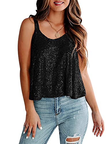 GTMRINJN Damen Sexy Ärmellos Glitzer Pailletten Tops Rückenfrei Crop Tank Top T-Shirts Clubwear, Schwarz, Klein von GTMRINJN