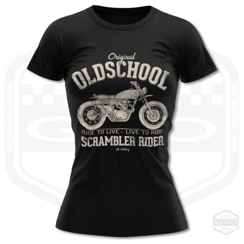Frauen Scrambler Oldschool Motorradfahrerin T-Shirt von GTOClothing