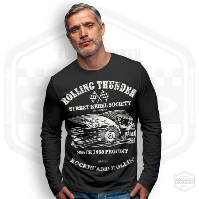 Rollin Thunder Rockin & Herren Langarm Shirt Schwarz | Schädel-Kunst-Geschenkidee S-3xl Hergestellt in Den Usa von GTOClothing