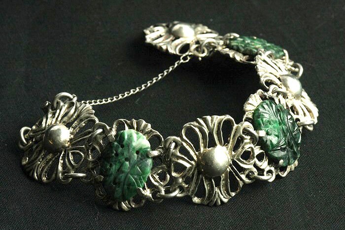 Große Fett Vintage Grüne Jade Sterling Silberarmband von GTRAVERANTIQUES