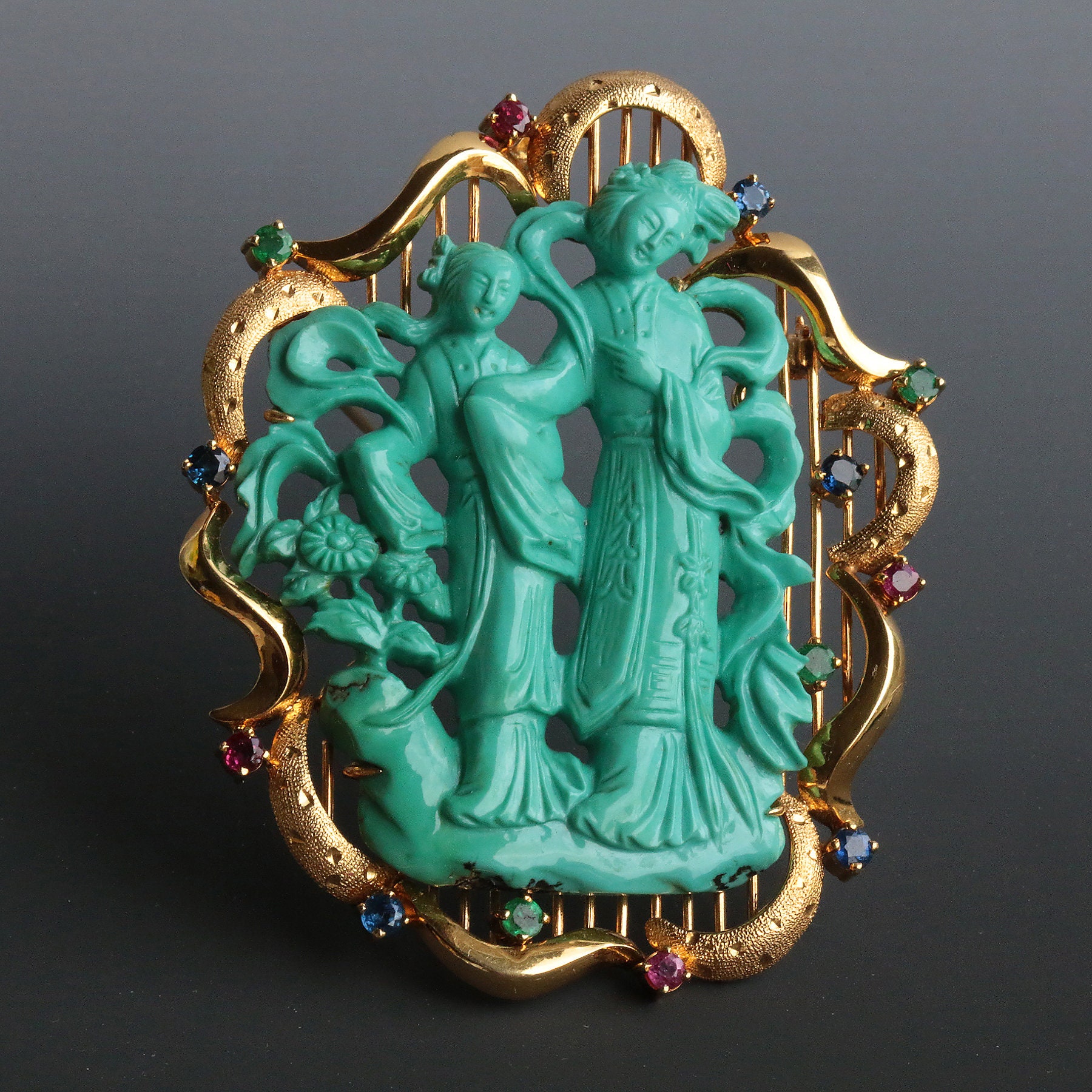 High End Large Vintage 14K Chinese Turquoise Two Beauties Emerald Ruby Blue Sapphirependant Brooch von GTRAVERANTIQUES