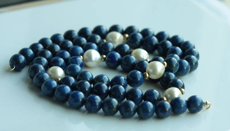 Jahrgang 14K Lapis & Akoya Perlenkette 24" W/Beurteilung von GTRAVERANTIQUES