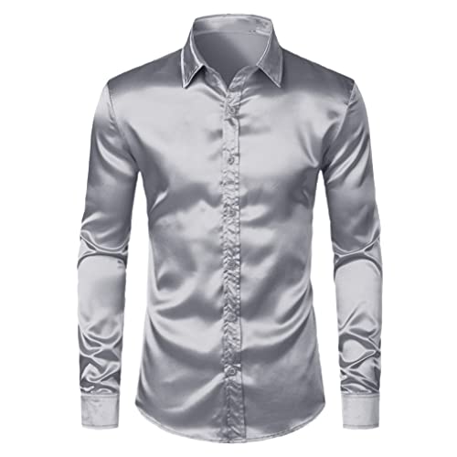 GTSFTJ Herren-Satin-Kleid-Hemden, schmale Passform, Seide, lässig, Tanz-Party-Shirt für Männer, langärmelig, knitterfrei, Smoking-Shirt, silberfarben, L von GTSFTJ