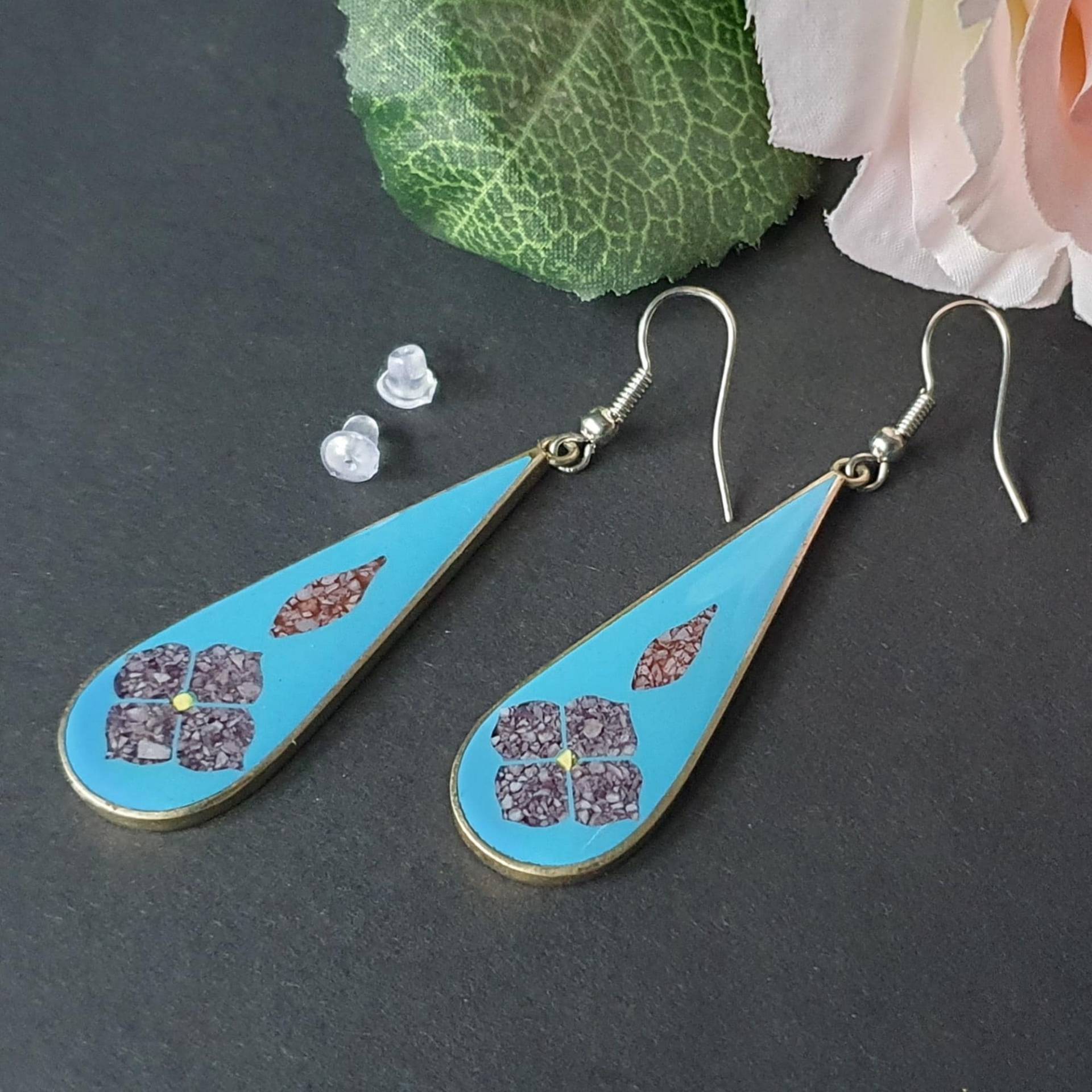 Alpaca Mexico Ohrringe Vintage Abalone Perlmutt Emaille Ohrhänger Tropfen von GTSilverStore