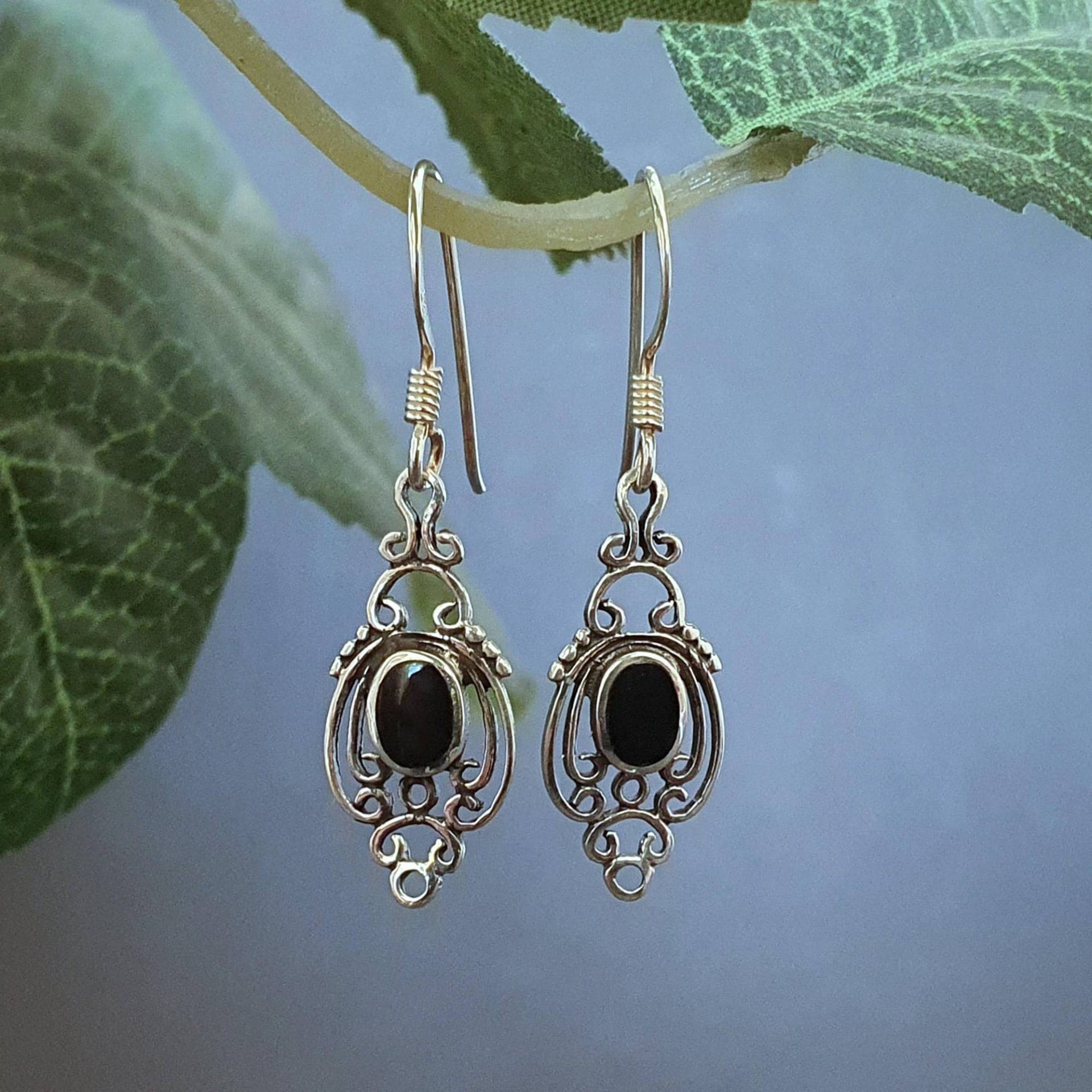 Filigrane Damen Ohrringe Silber 925 Mit Schwarzem Stein Onyx Gothic Jugendstil Mittelalter von GTSilverStore