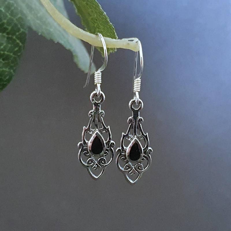 Filigrane Damen Ohrringe Silber 925 Mit Schwarzem Stein Onyx Gothic Jugendstil Mittelalter von GTSilverStore