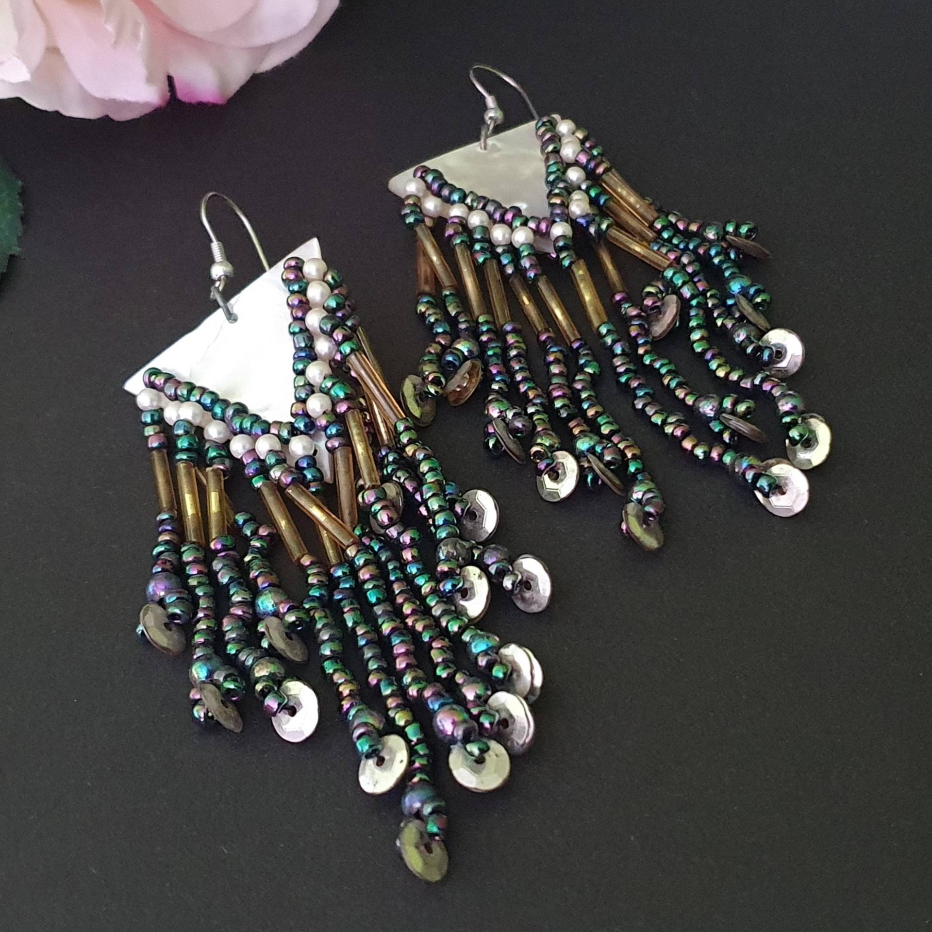 Lange Vintage Perlen Perlmutt Ohrringe Boho von GTSilverStore