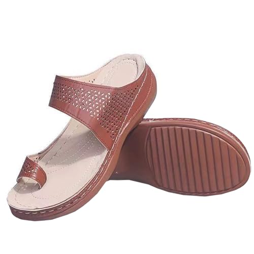 GTTGHJ6DHY Sommer Damen PU-Leder Freizeit Hohl Zehensatz Flach Folgen Flip-Flops Anti-Rutsch Verschleißfest Strand Draußen Tragen Hausschuhe,Braun,42 von GTTGHJ6DHY