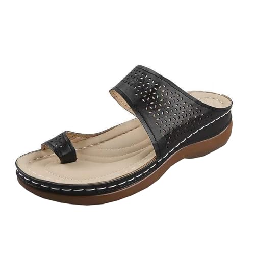 GTTGHJ6DHY Sommer Damen PU Leder Freizeit Hollow Toe Set Flach Follow Flip Flops Anti-Rutsch Verschleißfest Strand Wear Outdoor Hausschuhe, Schwarz , 36 EU von GTTGHJ6DHY