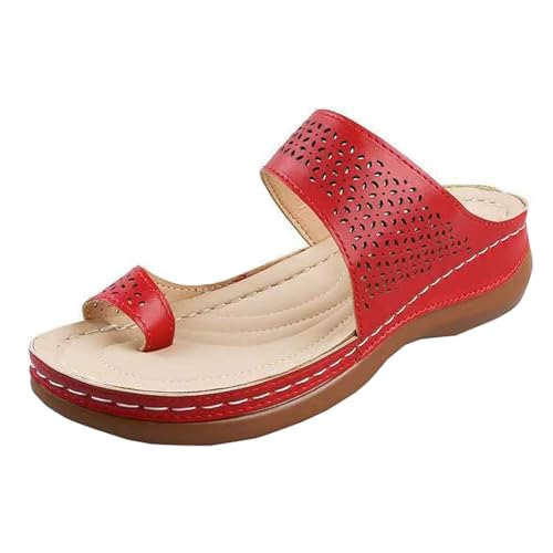 GTTGHJ6DHY Sommer Damen PU Leder Freizeit Hollow Toe Set Flach Follow Flip Flops Anti-Rutsch Verschleißfest Strand Wear Outdoor Hausschuhe, rot, 40 EU von GTTGHJ6DHY