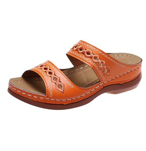 GTTGHJ6DHY Sommer Damen PU Leder Freizeit Retro Fischmaul Hausschuhe Anti-Rutsch Verschleißfeste Strandkleidung Outdoor Hausschuhe, Orange, 37 EU von GTTGHJ6DHY