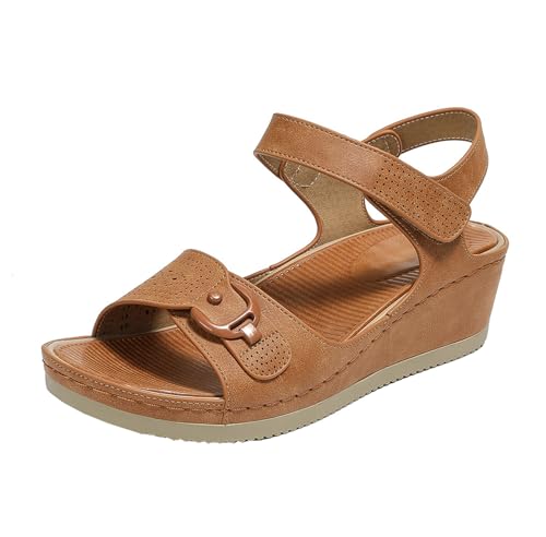 GTTGHJ6DHY Sommer Damen PU-Leder Freizeit Runder Kopf Atmungsaktiv Sandalen Anti-Rutsch Verschleißfest Strand Draußen Tragen Sandalen,Braun,38 von GTTGHJ6DHY